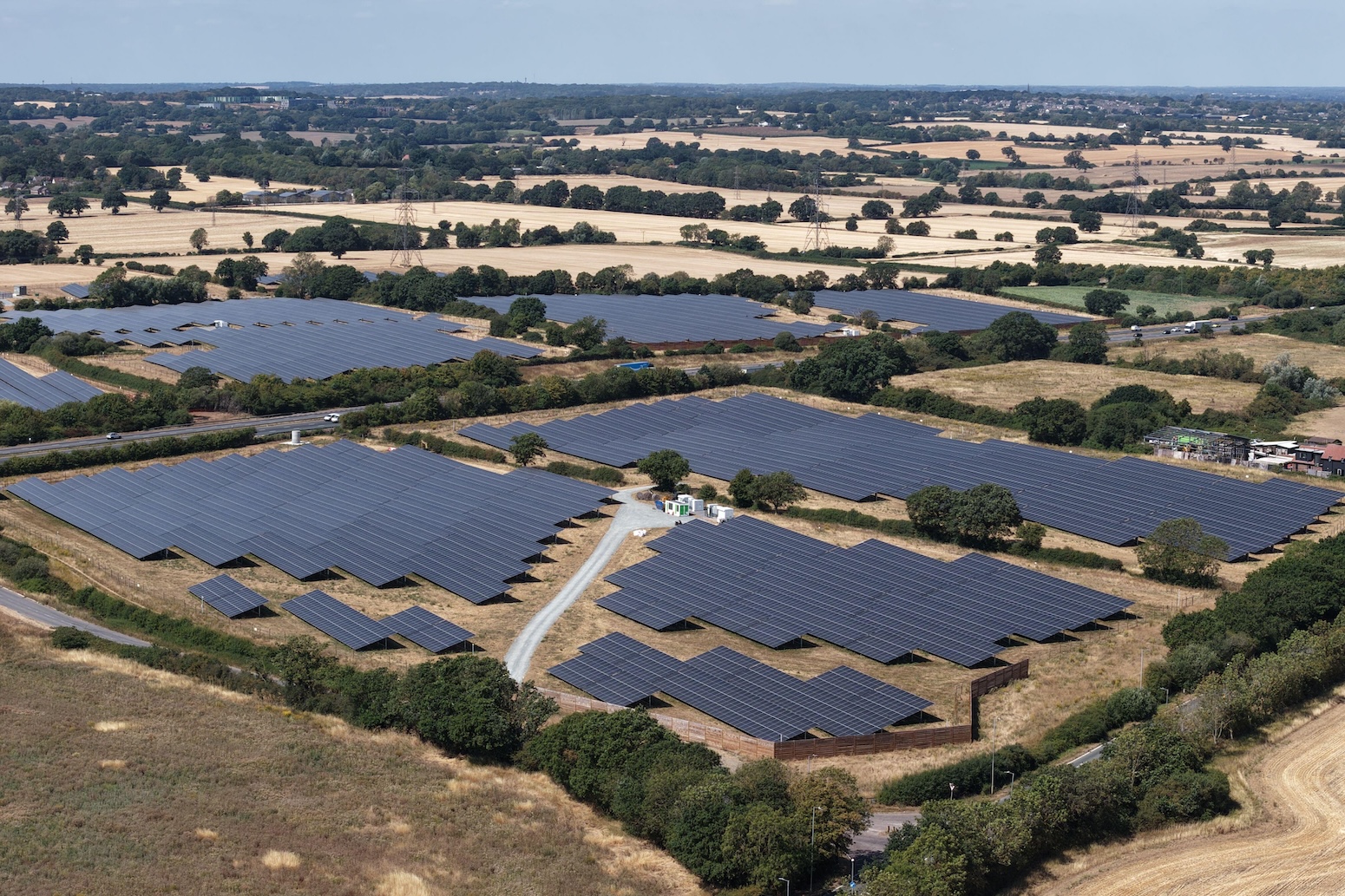 Aerial view of a solar farm in England. Credit: Elevate Drones / Alamy Stock Photo