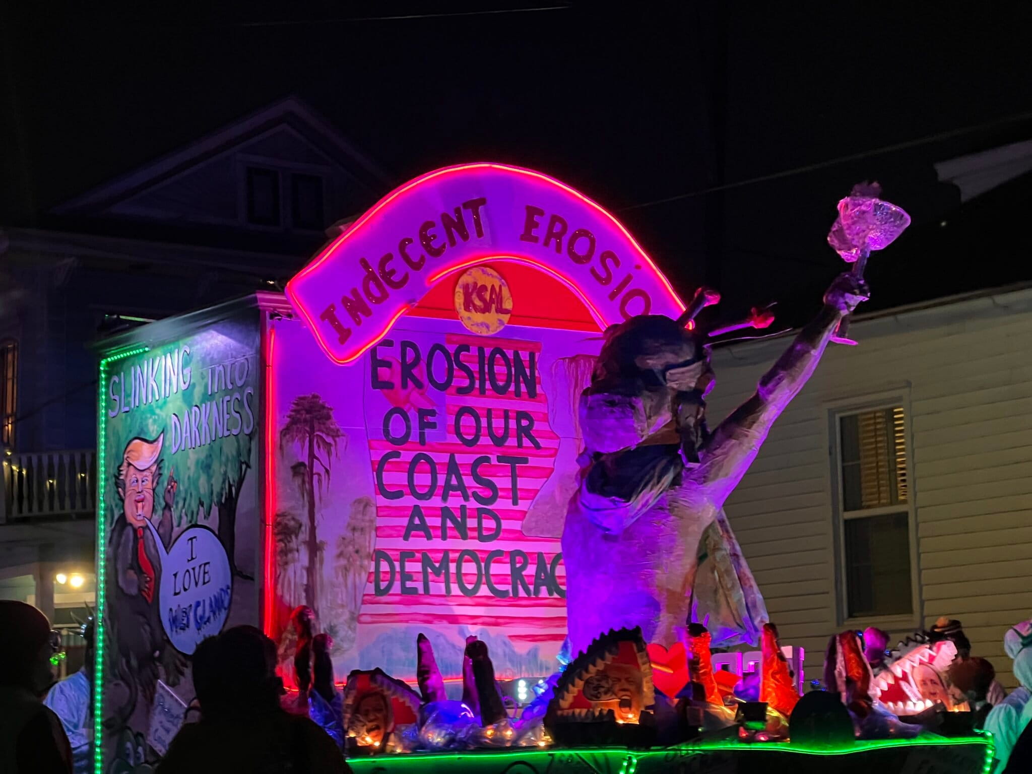 Krewe du Vieux is a satirical parade that has rolled through New Orleans for 40 years. Its 2026 theme is “Save the Wet Glands,” a play on “save the wetlands.” Photo by Liz Kimbrough for Mongabay.