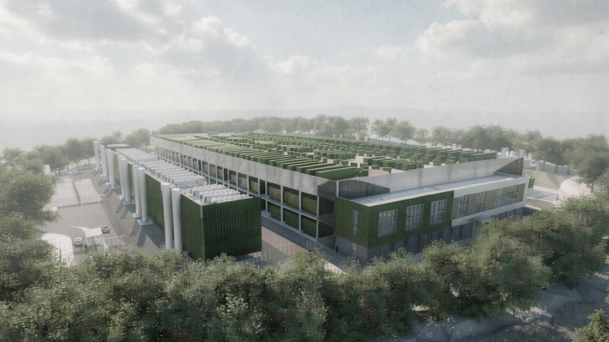 An artist's impression shows a large data centre, surrounded by trees and with a green roof in a square shape.