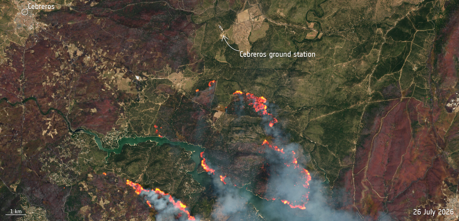 This Copernicus Sentinel-2 image shows a zoomed-in view of the Cebreros ground station in Madrid, Spain. The area was among the worst-affected by the fire outbreak in Spain this year. This image contains modified Copernicus Sentinel data 2026, by the European Space Agency via Wikimedia Commons (CC BY-SA 3.0 IGO).