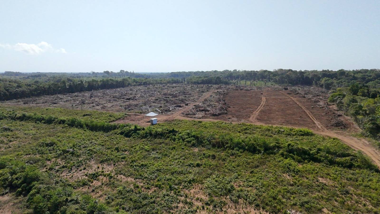 Image by Filipe Gabriel Mura. An aerial view shows a large area of cleared forest near the planned Potássio Autazes mining complex in Brazil's Amazonas state. Image by Filipe Gabriel Mura.