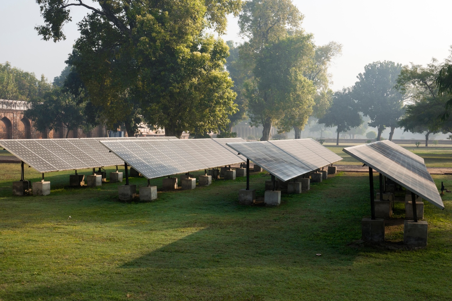 Solar panels in a park, New Delhi, India. Credit: paul kennedy / Alamy Stock Photo