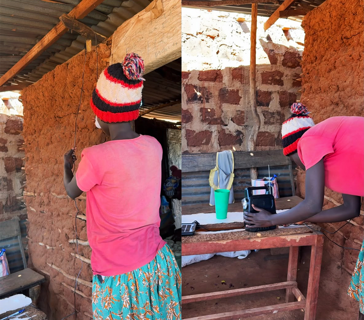 Anna Fatuma fixing her solar lantern at her Kibandaski in June 2026. — Image courtesy of Sauti Salama.