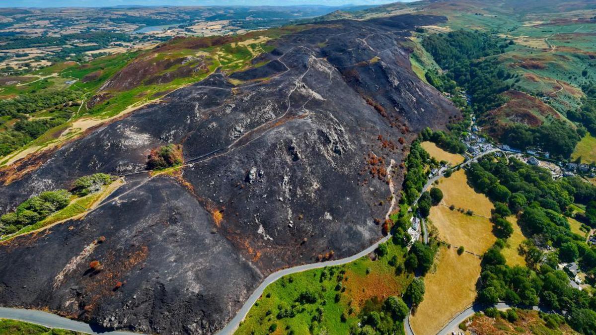 A huge burnt and blackened area of mountain land near the Sychnant Pass in Conwy.