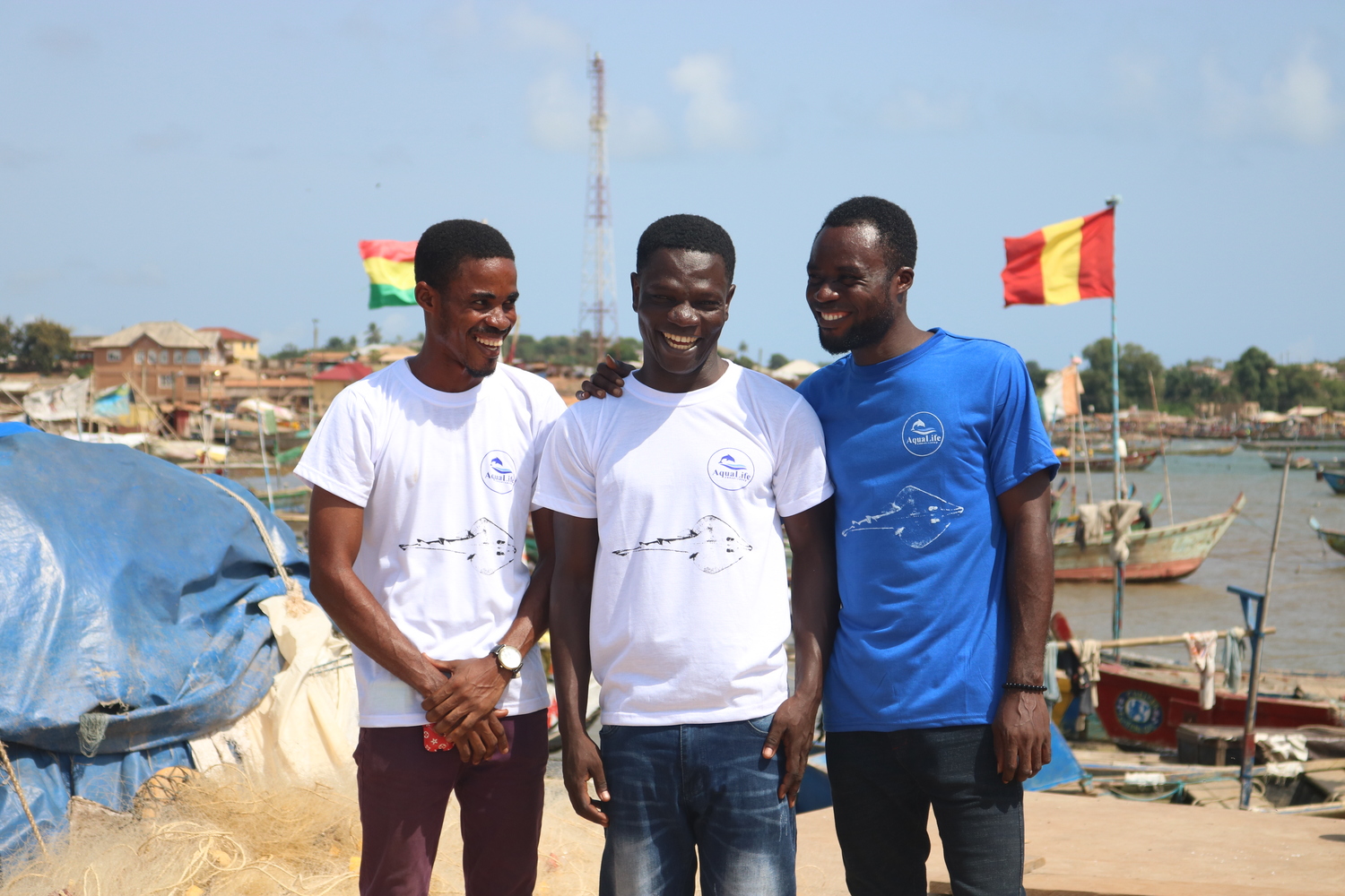 Issah Seidu with two colleagues from his NGO, Aqualife. Image courtesy of Issah Seidu.