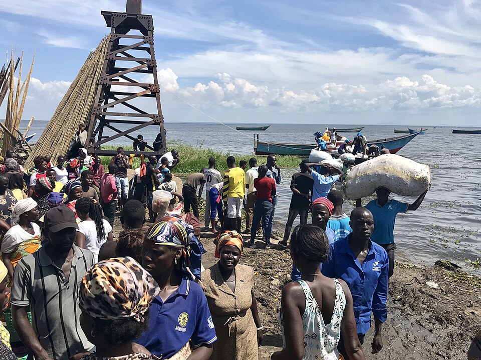 Men carry fish and othr cargo off the boats that have landed at panyimur landing site in Nebbi district Uganda.jpg