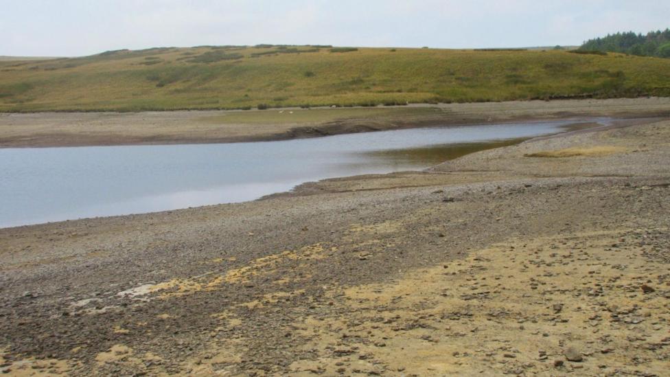 Llyn Aled Isaf in Conwy. The banks of the lake are dried up, the nearest bank is sandy with pebbles on, the bank in the distance is green, with a hill rising up behind it.
