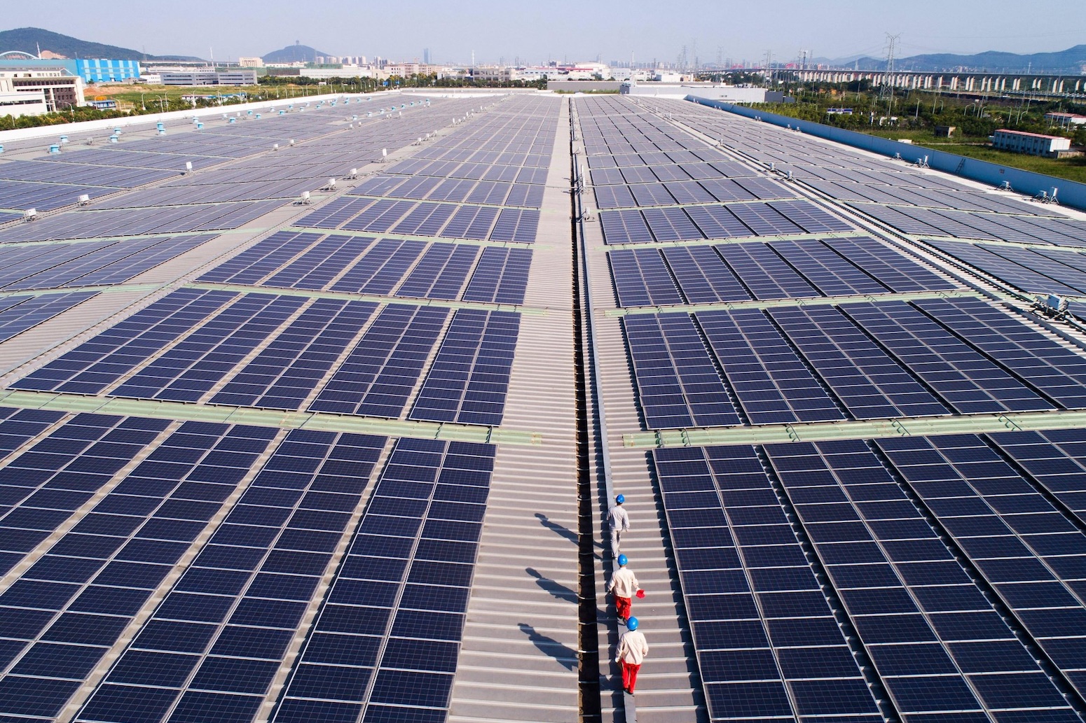 Aerial photo of rooftop solar panels, China. Credit: Imago / Alamy Stock Photo