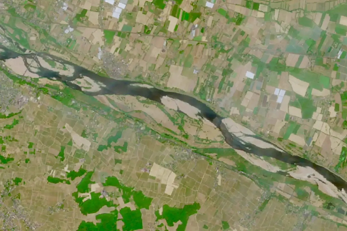 A satellite image of low water levels along the Loire River in France on August 2.