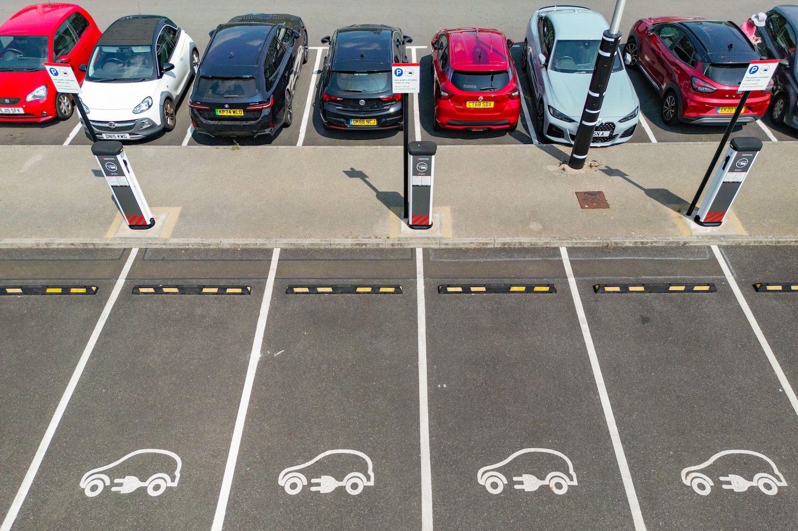 Aerial view of EV charging station in Cardiff, UK. Credit: Ceri Breeze / Alamy Stock Photo