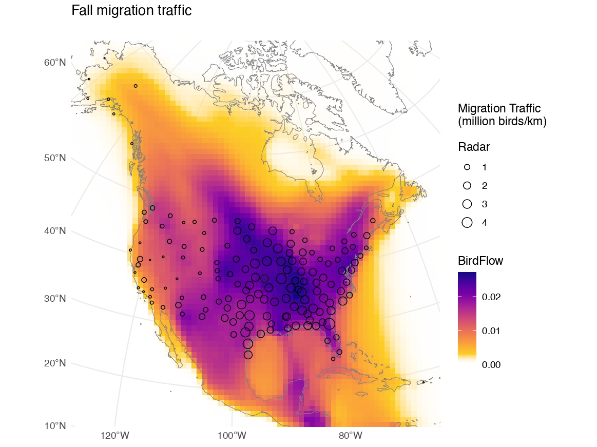 BirdFlow combines citizen science data with weather radar data, and allows scientists to detect specific migrating bird species. Pictured above, a map visualizing the fall bird migration traffic. Image courtesy of Cornell Lab of Ornithology.