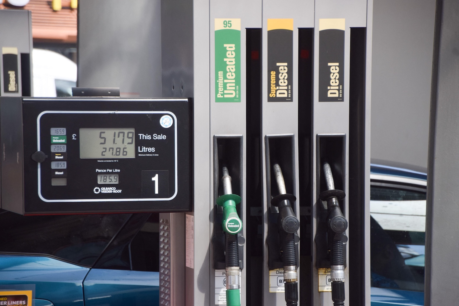 Petrol pumps at a petrol station, London. Credit: Sipa US / Alamy Stock Photo
