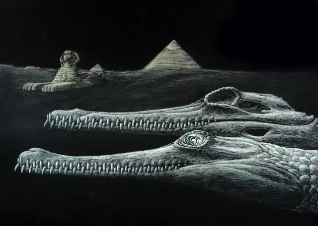Reconstruction of the extinct Herugavialis cairensis with the Great Sphinx and pyramids depicted in the background. Artwork by Karim Zanaty.