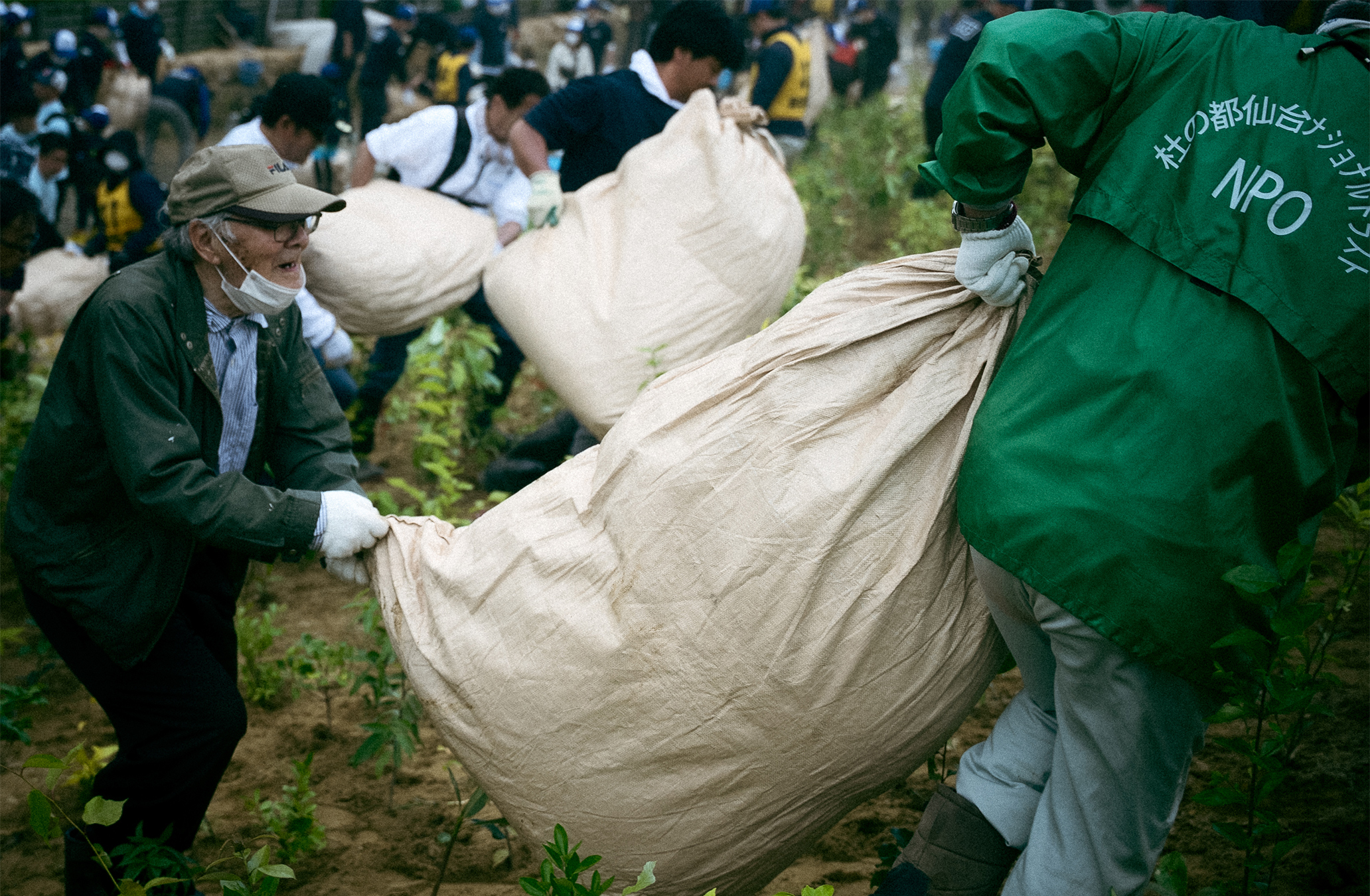 Volunteers carry bags of straw at a tree planting event in Minamisoma, Fukushima prefecture, Japan in June 2026. Image by Jonathan Vit for Mongabay.