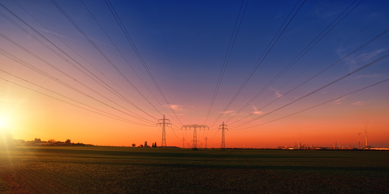 sunset, countryside, nature, power lines, power poles, high-voltage pylons, electricity pylons