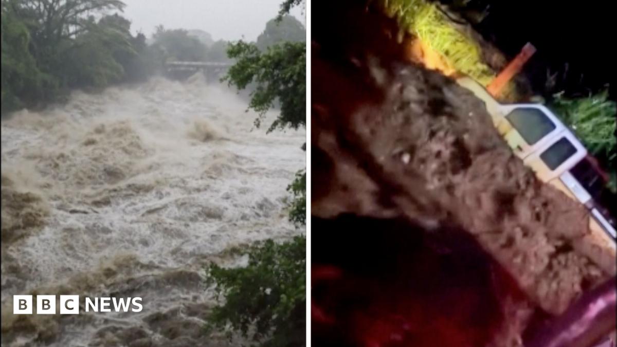 A split screen of a flooding river on the left and a car half submerged in muddy flood water on the right.