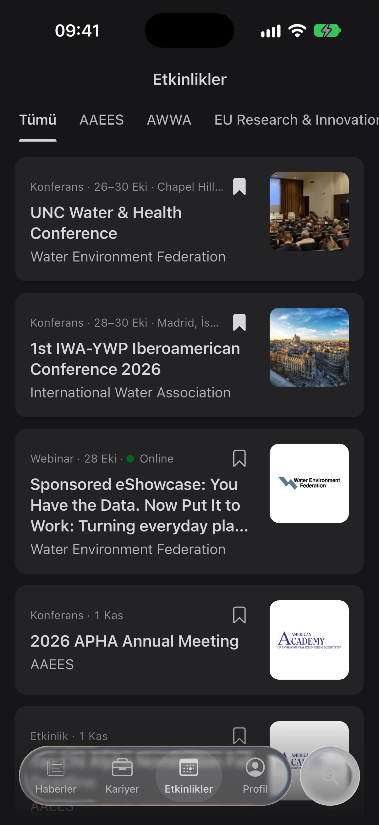 iPhone'da EnviroNews etkinlikler listesi
