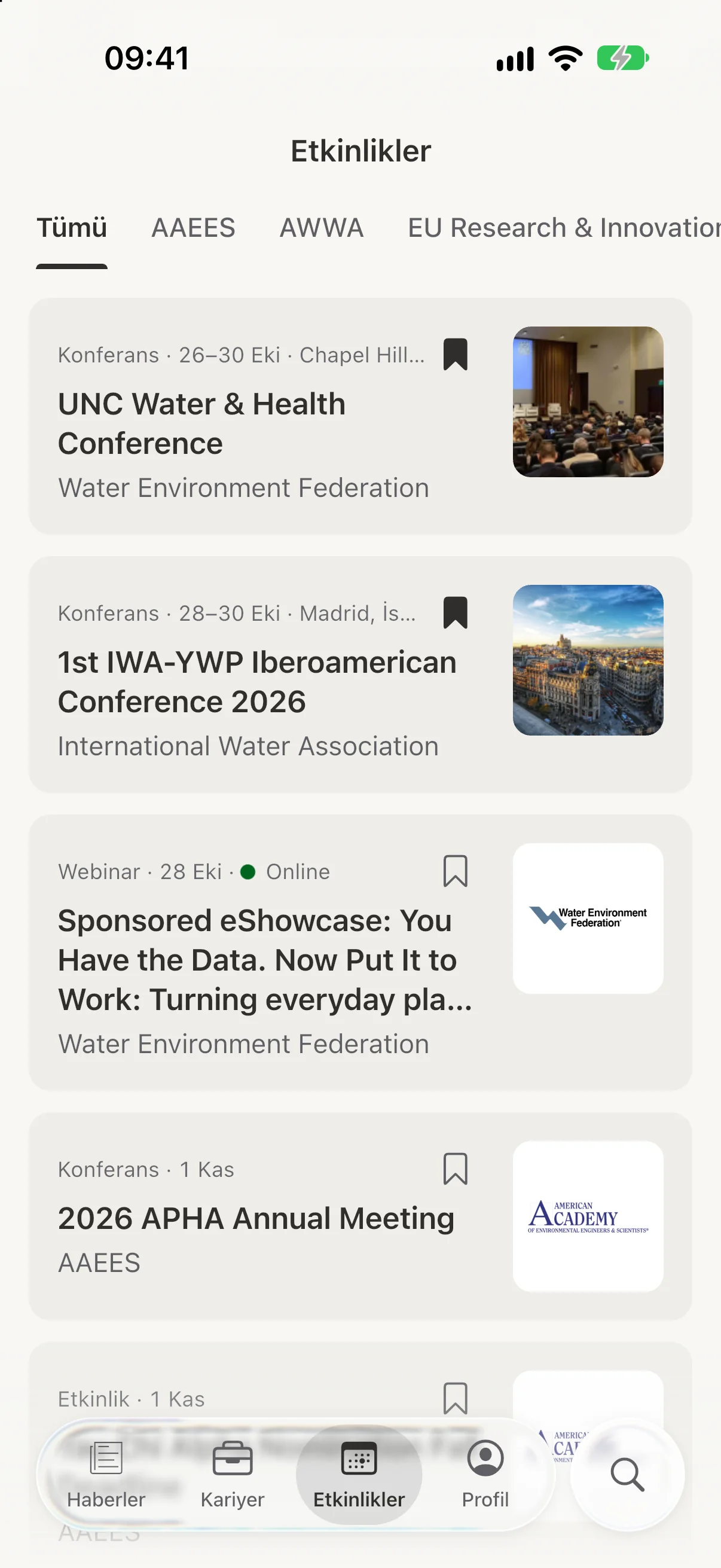 iPhone'da EnviroNews etkinlikler listesi