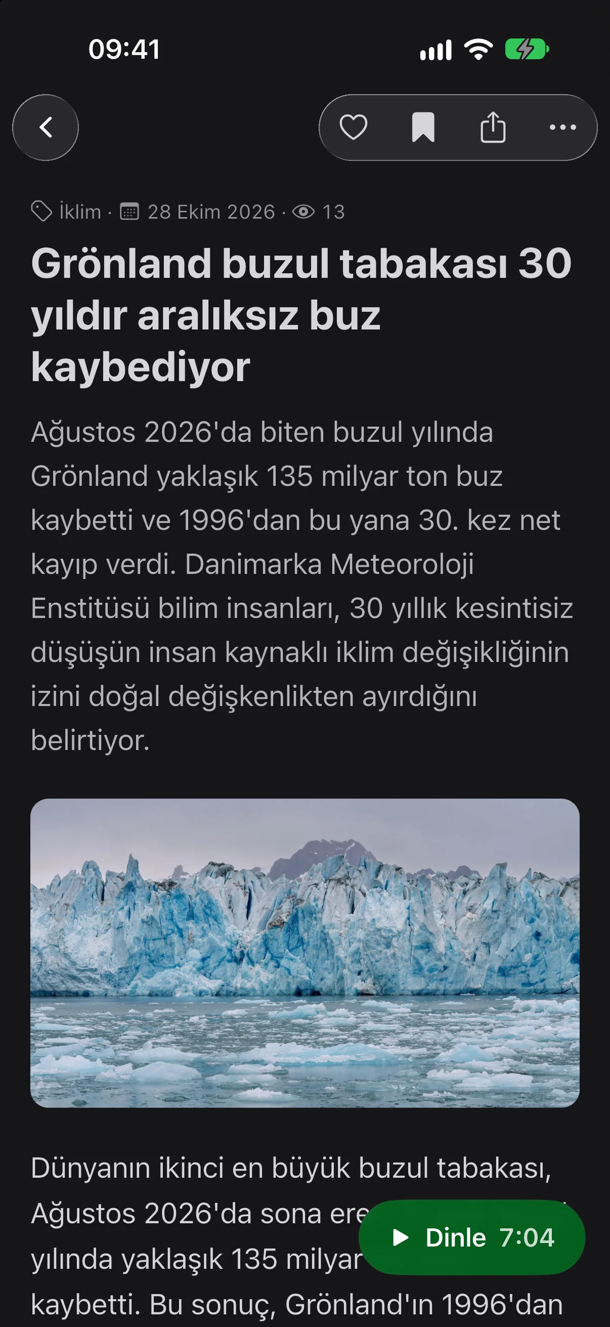 iPhone'da EnviroNews okuma görünümü ve Dinle düğmesi
