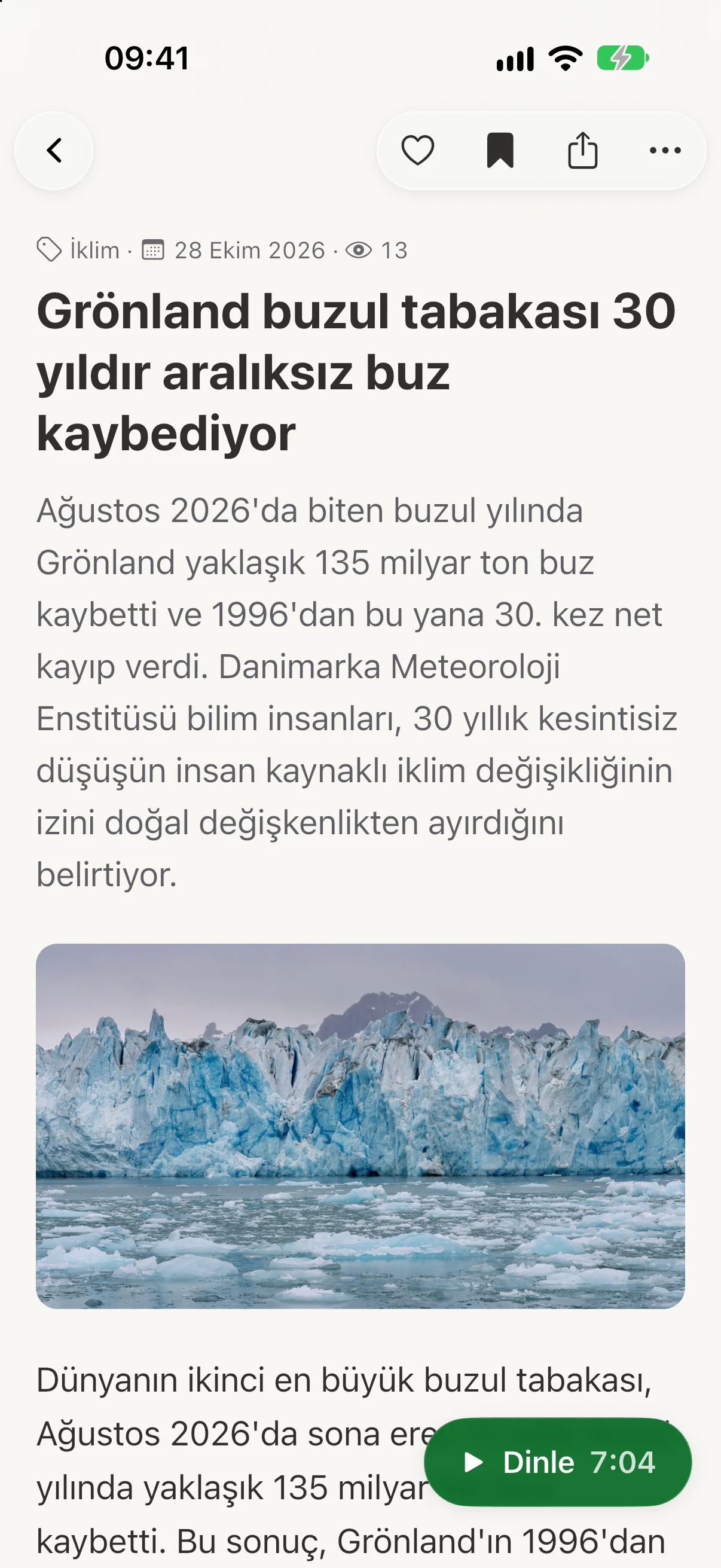 iPhone'da EnviroNews okuma görünümü ve Dinle düğmesi