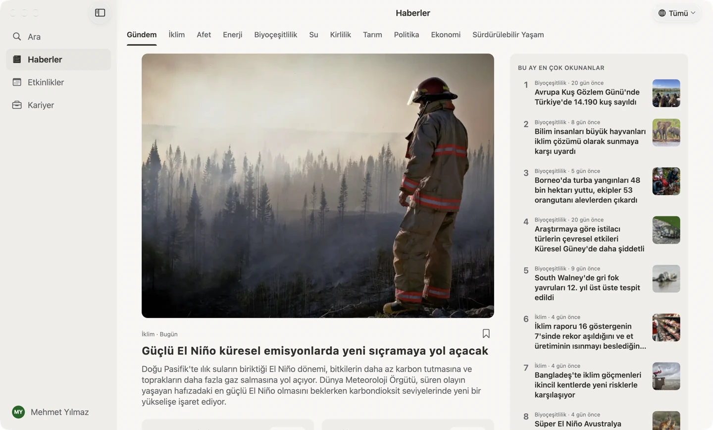 macOS'ta EnviroNews, yerleşik kenar çubuğuyla